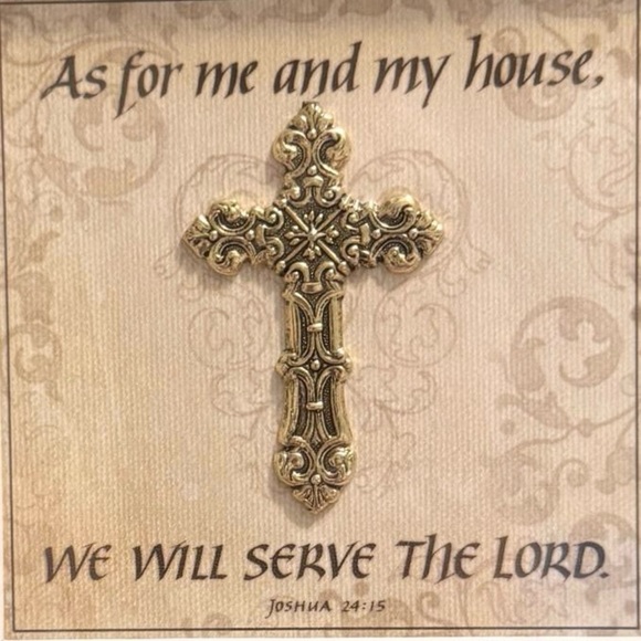 𝅺CarpenTree charming framed art Joshua 24:15 & ornate raised gold cross 7.5x7.5 - Picture 3 of 5